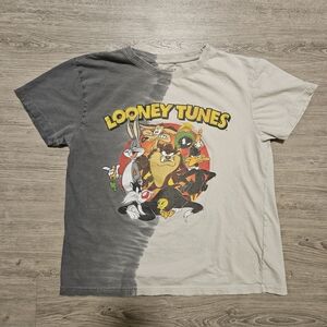 Vintage Looney Tunes Men's T-Shirt - Gray and Cream Tie-Dye Size Small